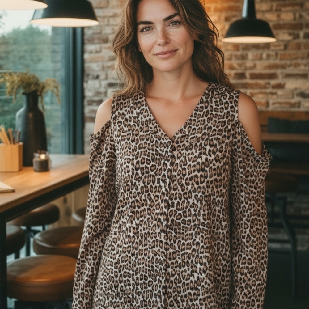 Chico's - NWOT, Button Up Cold Shoulder Long Sleeve Leopard Print Blouse Chico's